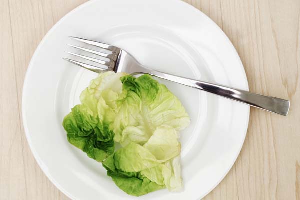 close-up of a lettuce leaf with a fork on a plate