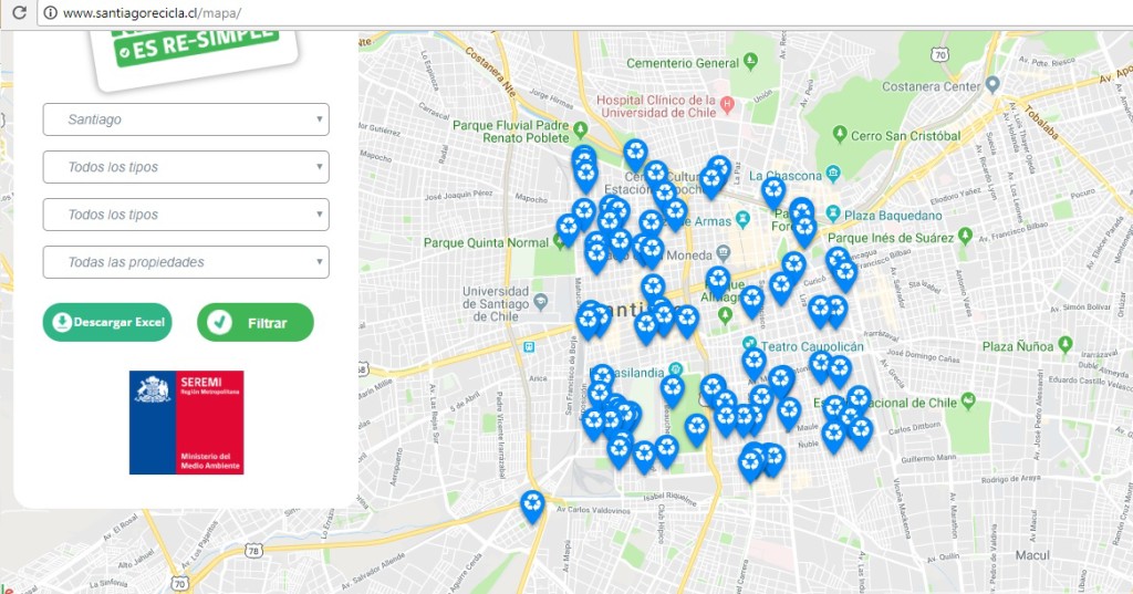 Mapa de Santiago con puntos de reciclaje. Haz click en la imagen para ir a la web.
